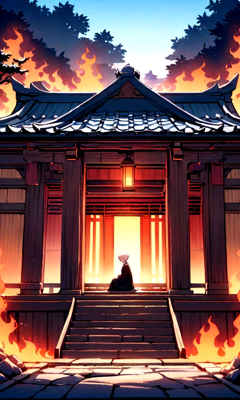 An animated scene depicting an young person with white hair and a sword,sitting on the steps of a traditional wooden structure with Japanese architectural elements. The background is engulfed in orange flames with trees burning, creating a fiery atmosphere that illuminates the scene. The ground is made of textured, cracked stone tiles., very long shot, everything is broken, and everything is burning, the young men look serious and seems like he doesn't care, long exposure, rooftop view 