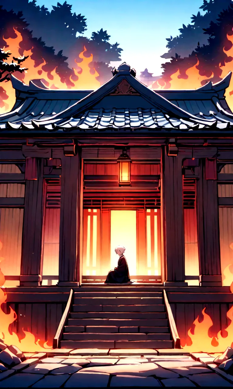An animated scene depicting an young person with white hair and a sword,sitting on the steps of a traditional wooden structure w...