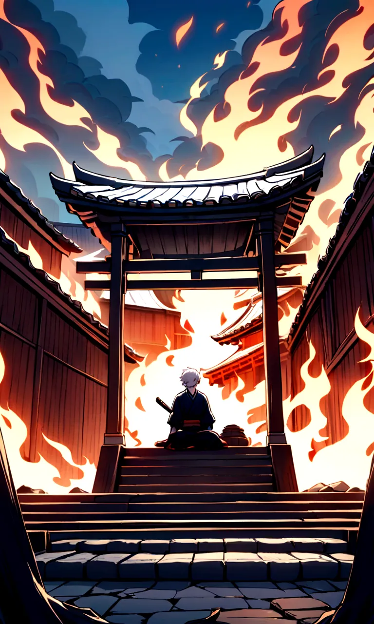 an animated scene depicting an young person with white hair and a sword,sitting on the steps of a traditional wooden structure w...