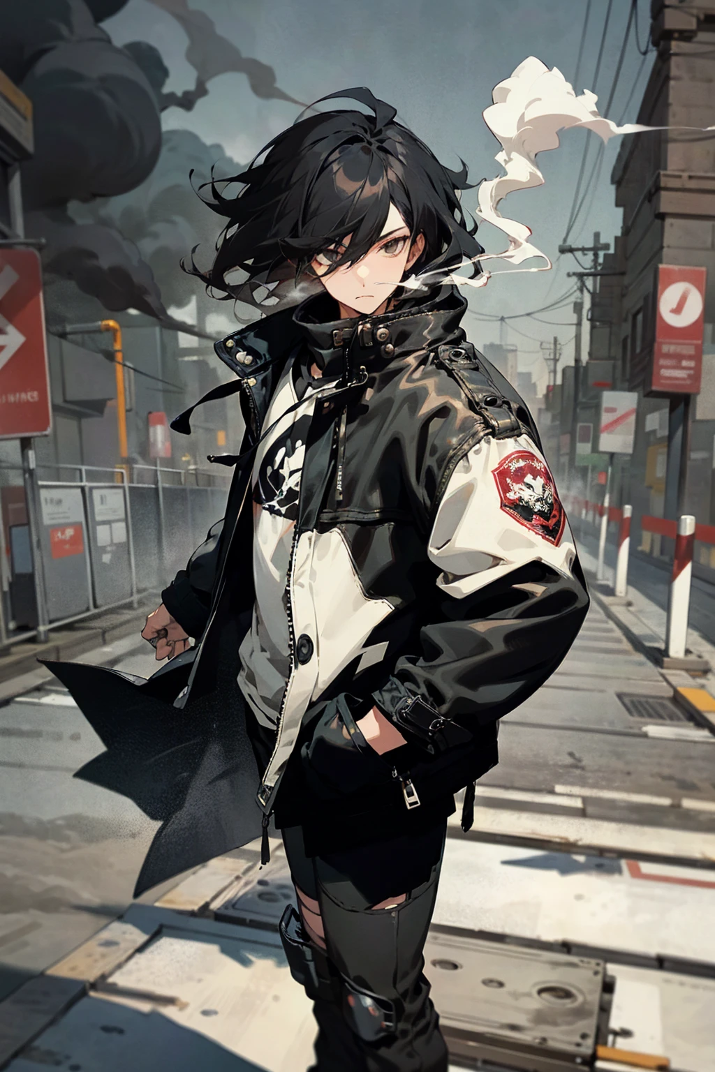 1 male, Black Hair, medium length messy hair, Black biker, Smoke a cigarette, Loose-fitting clothing, Chill, Urban Background, Detailed Background, Hands at your side, standing on the path,nice、Increase your followers.