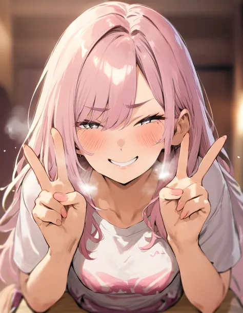 smug,casual clothes,peace sign,best quality,depth of field,burry background,heavy breathing