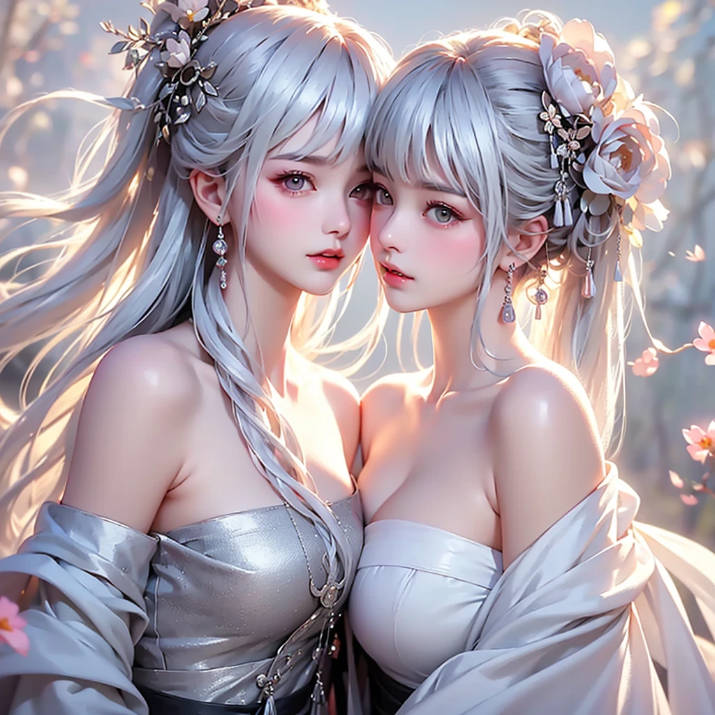 super high quality, masterpiece, Perfect illustration, Very detailed、8k wallpaper, Very detailed (Exquisite light and shadow, Very dramatic photo,Backlight) , ((silver hair:1.5))1 Girl, (alone:1.5), (Wearing classic Hanfu, Royalty、Black Hanfu,Thick fabric,Long sleeve) Flower Field, Flowers, (White smoke:1.3) (Realistic:1.4), (Dynamic Angle: 1.4), Glowing Skin, (Floating colorful flashes: 1) The most beautiful chaotic shapes, elegant, Brutalist Design, Bright colors, Romantic Depth of Field Exotic_dance, half_naked、((Off the shoulder、Medium Chest、Beautiful cleavage、Touching lips))
