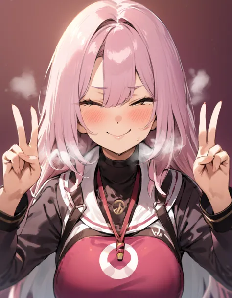 smug,peace sign,best quality,depth of field,burry background,heavy breathing
