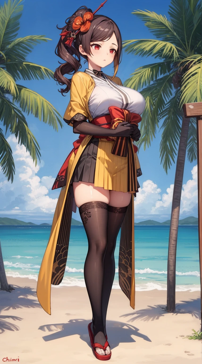 girl, solo, full body, from head to toe, standing, (Huge_Breasts:1.3),

Majestic sunset on a tropical beach with crystal clear turquoise waters, palm trees swaying in the gentle breeze, golden sand, vibrant colors, tranquil atmosphere,

chiori, 1girl, brown hair, drill hair, hair ornament, hair flower, flower, red eyes, elbow gloves, short sleeves, wide sleeves, japanese clothes, kimono, pleated skirt,dress, black thighhighs,

this character is standing in kimono