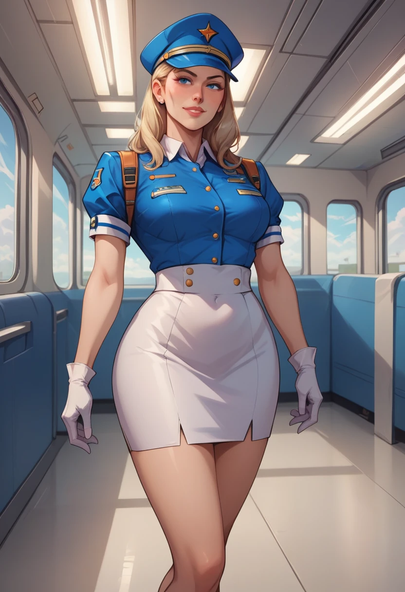 score_9, score_8_up, score_7_up, BREAK extremely detailed, 2d, solo, stewardess, blue blouse, white skirt, gloves, cap, (smile:0.5), indoors, airport, facing viewer, frontal image.