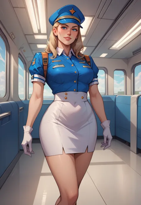 score_9, score_8_up, score_7_up, break extremely detailed, 2d, solo, stewardess, blue blouse, white skirt, gloves, cap, (smile:0...