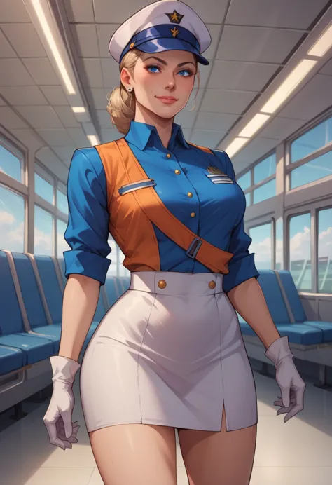 score_9, score_8_up, score_7_up, break extremely detailed, 2d, solo, stewardess, blue blouse, white skirt, gloves, cap, (smile:0...