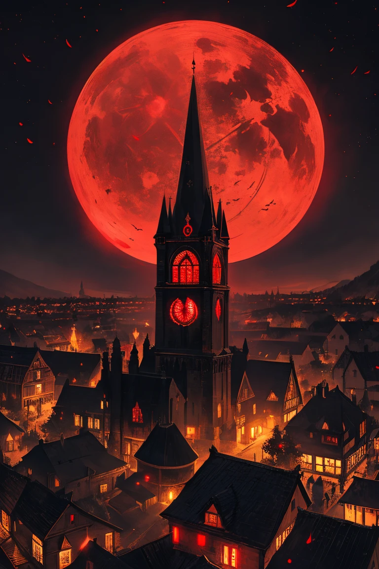 old European village shot with bird view, (Red glowing eyes), masterpiece, Depth of written boundary, Lutz, Gwaites style artwork, Gothic aesthetics, Dark Vampire village, ((in the dark gothic style cathle:1)), ((dark mid-night time:1.5)),