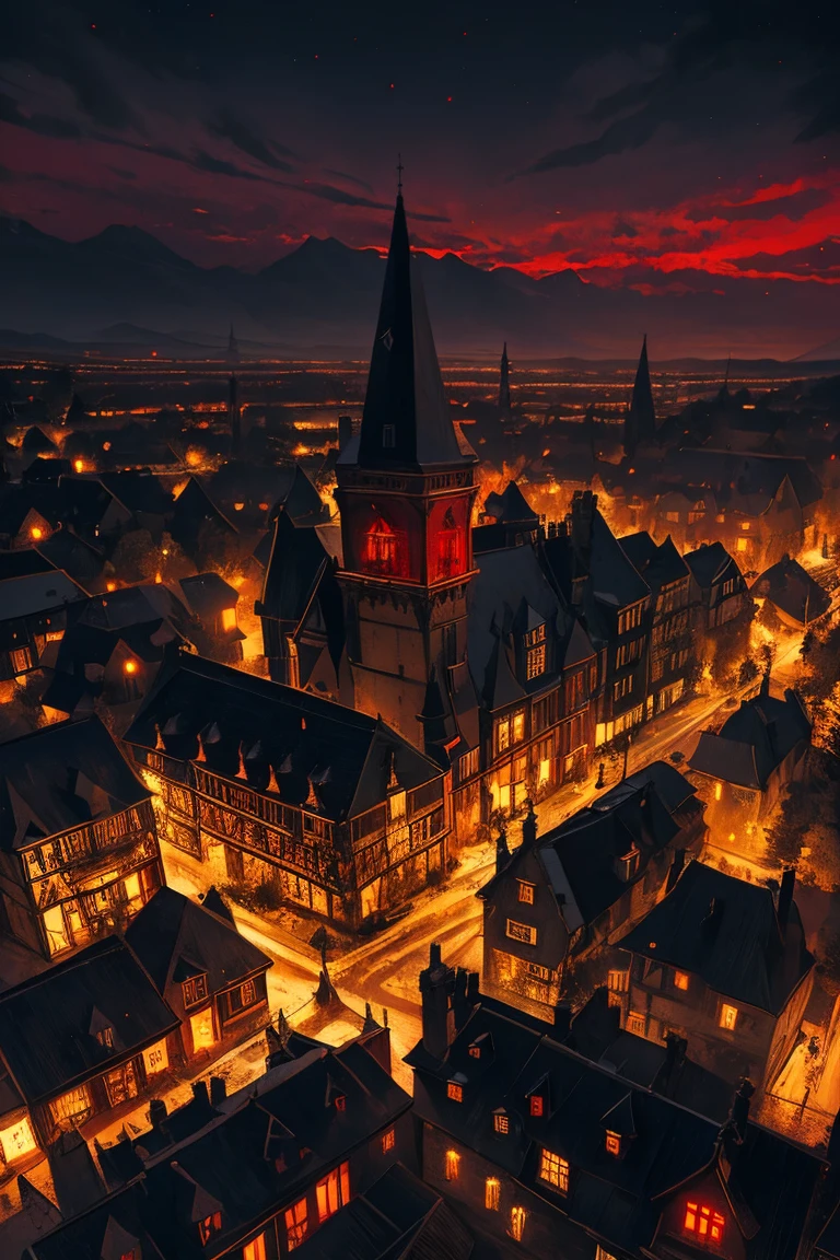 old European village shot with bird view, (Red glowing eyes), masterpiece, Depth of written boundary, Lutz, Gwaites style artwork, Gothic aesthetics, Dark Vampire village, ((in the dark gothic style cathle:1)), ((dark mid-night time:1.5)),