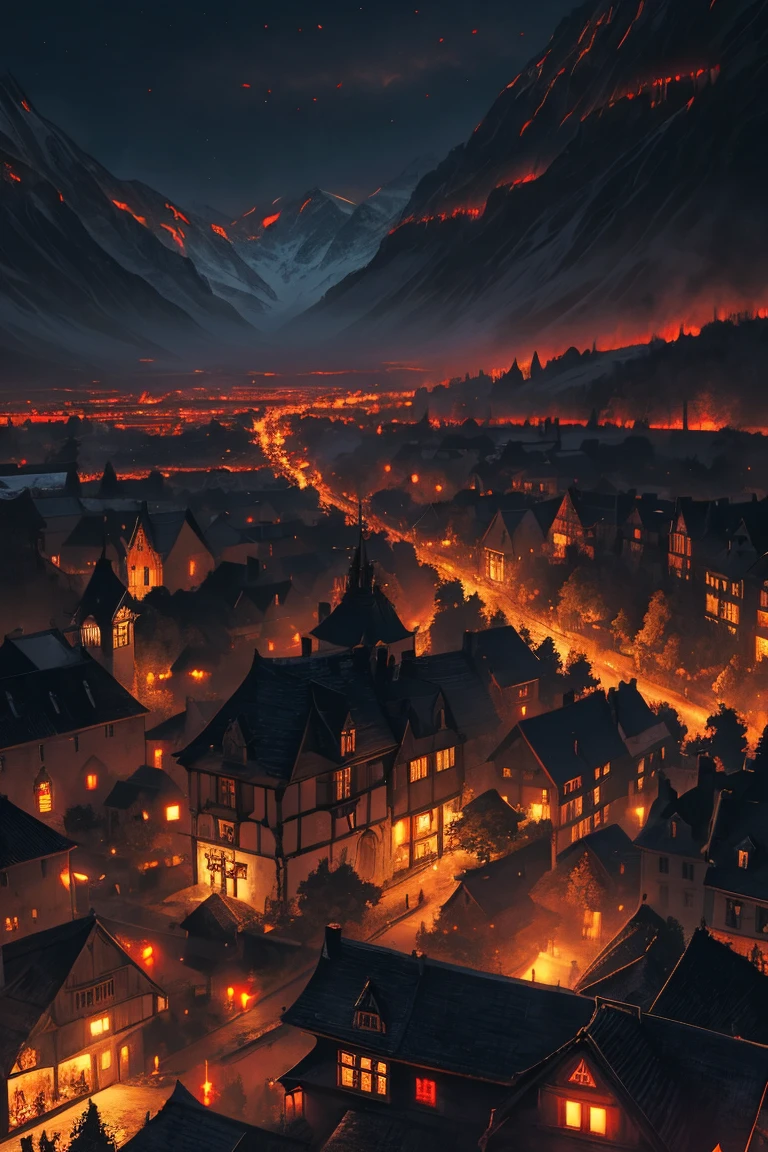 old European village shot with bird view, (Red glowing eyes), masterpiece, Depth of written boundary, Lutz, Gwaites style artwork, Gothic aesthetics, Dark Vampire village, ((in the dark gothic style cathle:1)), ((dark mid-night time:1.5)),