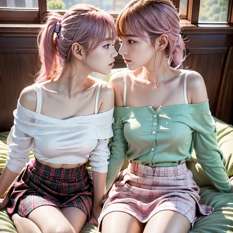 two beautiful girls，high resolution, top quality, perfect dynamic composition,  off-shoulder，white plaid skirt，pink hair，on the ...