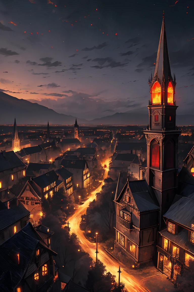 old European village shot with bird view, (Red glowing eyes), masterpiece, Depth of written boundary, Lutz, Gwaites style artwork, Gothic aesthetics, Dark Vampire village, ((in the dark gothic style cathle:1)), ((dark mid-night time:1.5)),