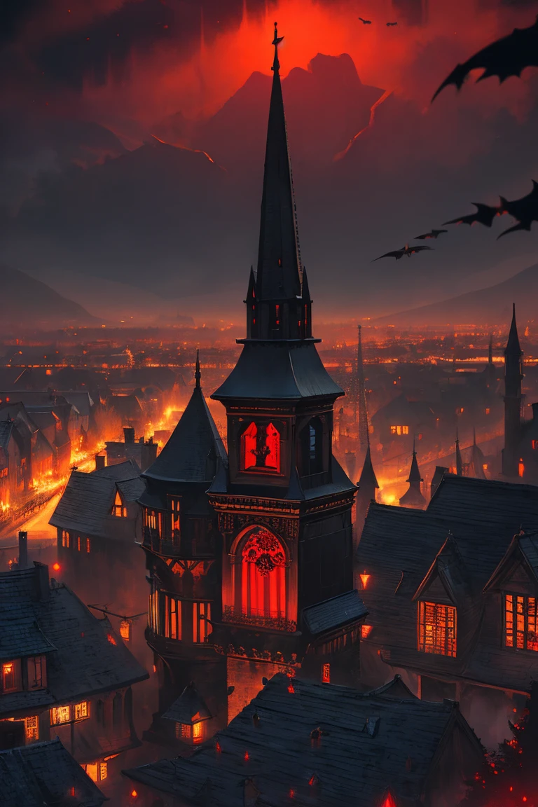 old European village shot with bird view, (Red glowing eyes), masterpiece, Depth of written boundary, Lutz, Gwaites style artwork, Gothic aesthetics, Dark Vampire village, ((in the dark gothic style cathle:1)), ((dark mid-night time:1.5)),