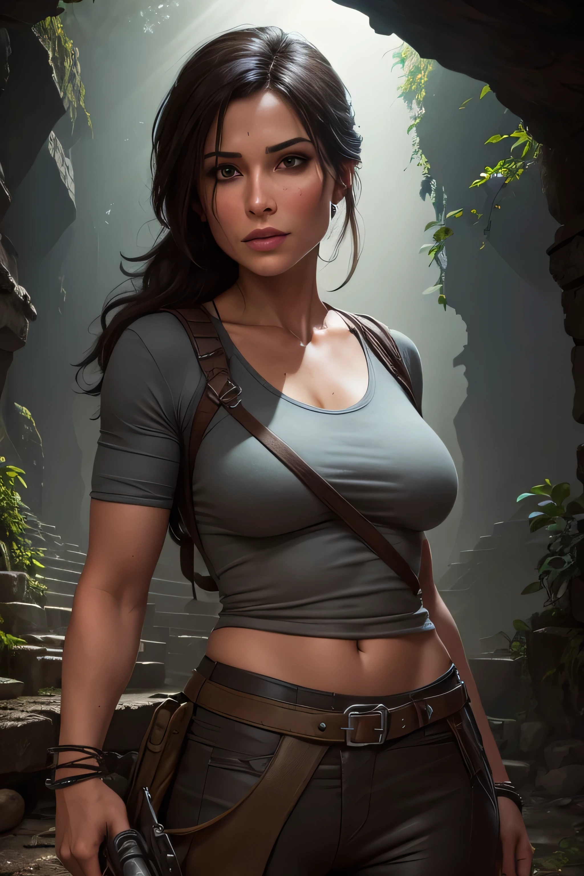 Lara Croft standing in front of high stairs of temple ruins, the temple ruins is underground, it's dark, location: a cave deep underground, night time, the scene is lit by Lara's flashlight, DLSR, sharp focus, soft lighting, masterpiece, perfect face, ultra detailed face, perfect brown eyes, beautiful face, photorealistic, 8k, masterpiece, Lara is wearing a grey shirt and dark pants