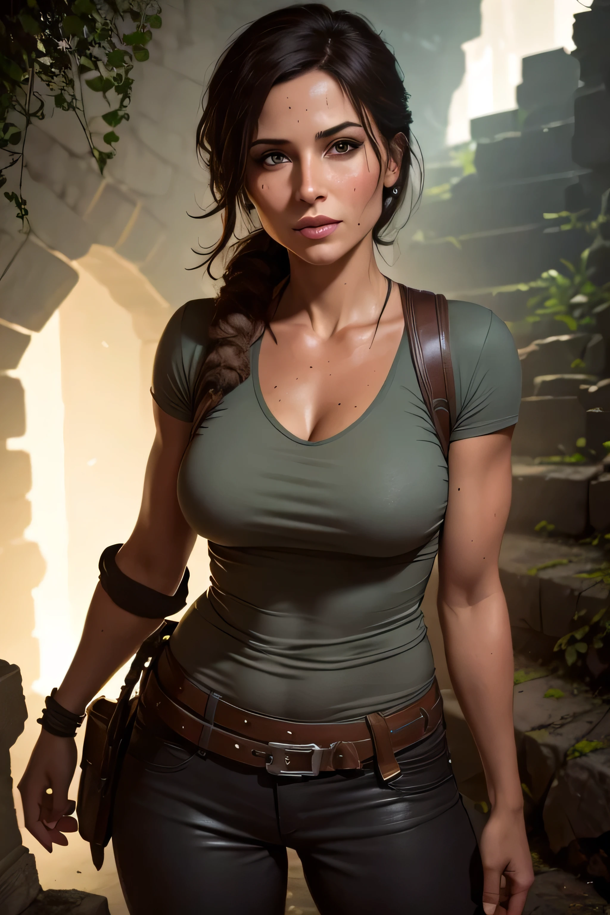 Lara Croft standing in front of high stairs of temple ruins, the temple ruins is underground, it's dark, location: a cave deep underground, night time, the scene is lit by Lara's flashlight, DLSR, sharp focus, soft lighting, masterpiece, perfect face, ultra detailed face, perfect brown eyes, beautiful face, photorealistic, 8k, masterpiece, Lara is wearing a grey shirt and dark pants