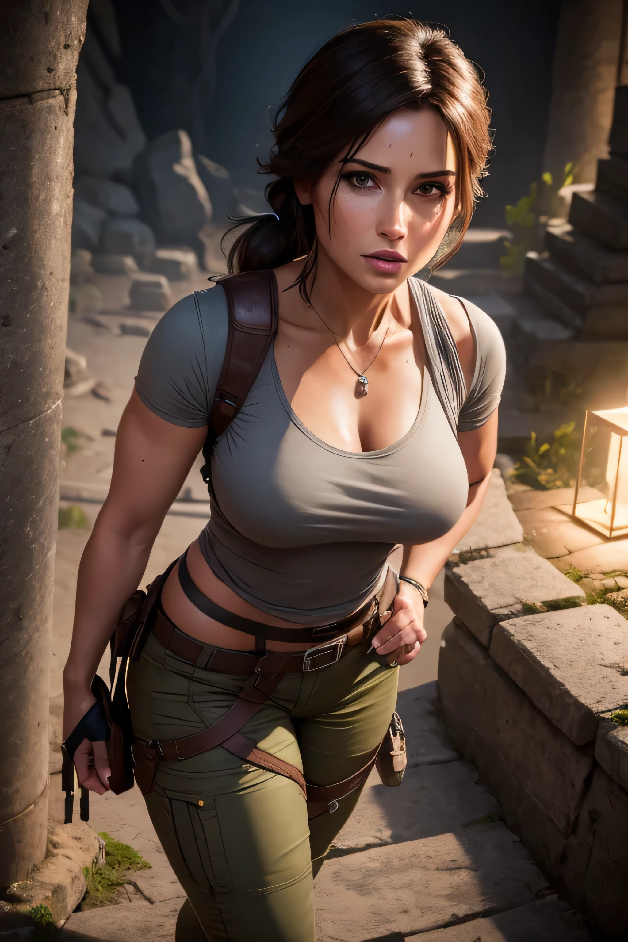 Lara Croft standing in front of high stairs of temple ruins, the temple ruins is underground, it's dark, location: a cave deep underground, night time, the scene is lit by Lara's flashlight, DLSR, sharp focus, soft lighting, masterpiece, perfect face, ultra detailed face, perfect brown eyes, beautiful face, photorealistic, 8k, masterpiece, Lara is wearing a grey shirt and dark pants