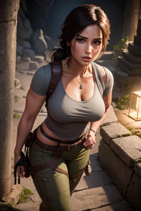 Lara Croft standing in front of high stairs of temple ruins, the temple ruins is underground, it's dark, location: a cave deep u...