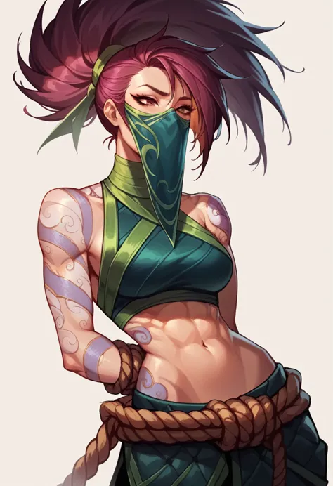 Akali league of legends,  athletic body, her hair is long and black, always tied up in a high ponytail, without mask, ultra real...