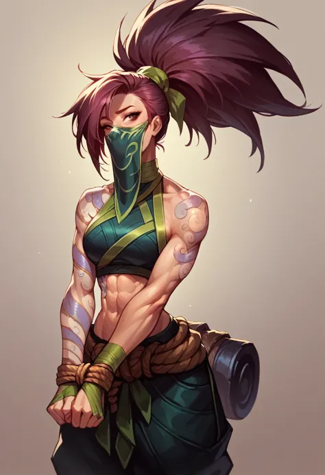 Akali league of legends,  athletic body, her hair is long and black, always tied up in a high ponytail, without mask, ultra real...