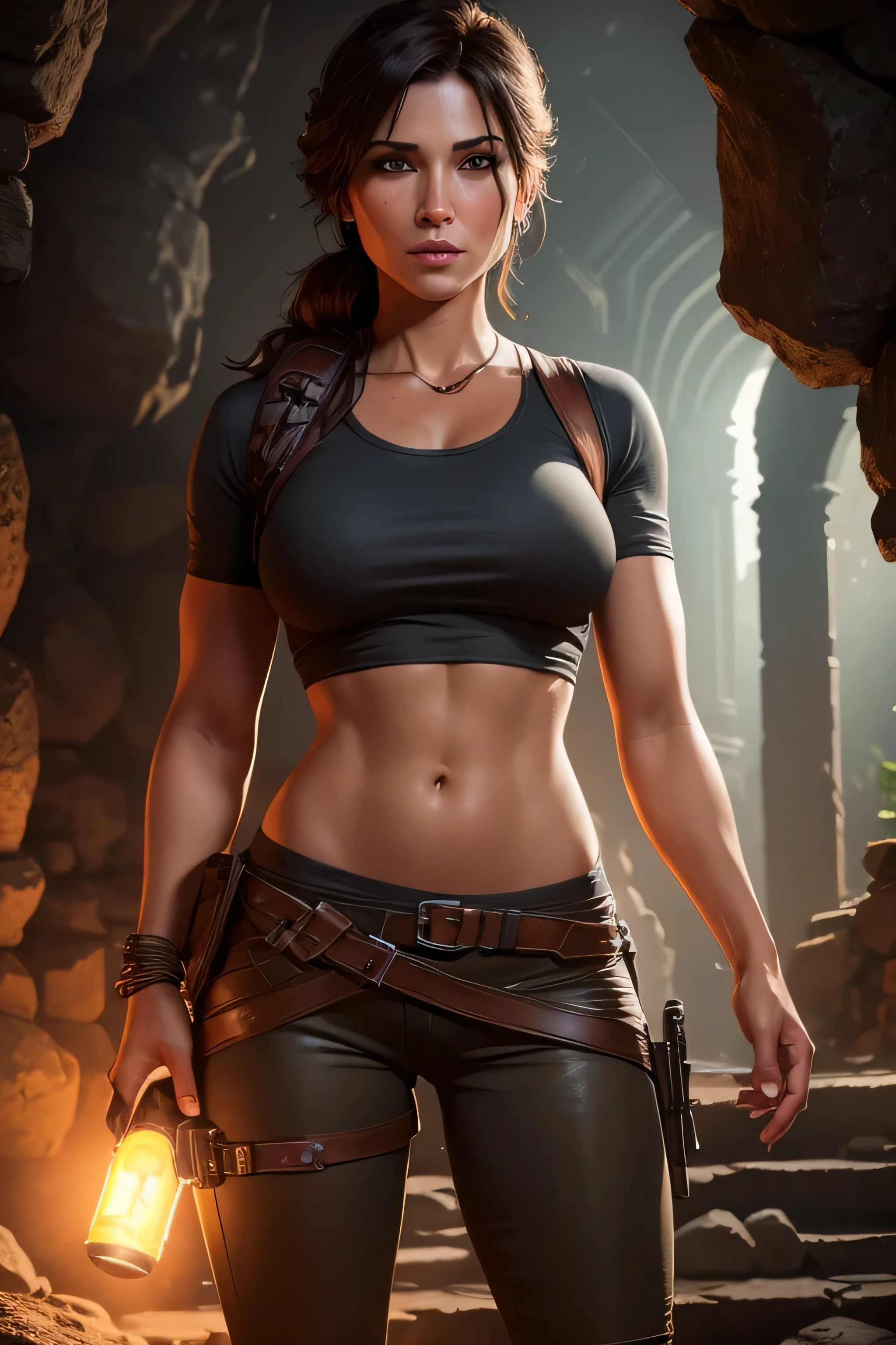 Lara Croft debout devant les hauts escaliers des ruines du temple, les ruines du temple sont souterraines, C&#39;est sombre, Emplacement: une grotte profonde sous terre, la nuit, la scène est éclairée par la lampe torche de Lara, DLSR, netteté, éclairage doux, chef-d&#39;œuvre, visage parfait, visage ultra détaillé, yeux marrons parfaits, Beau visage, Photoréaliste, 8k, chef-d&#39;œuvre, Lara porte une chemise grise et un pantalon foncé