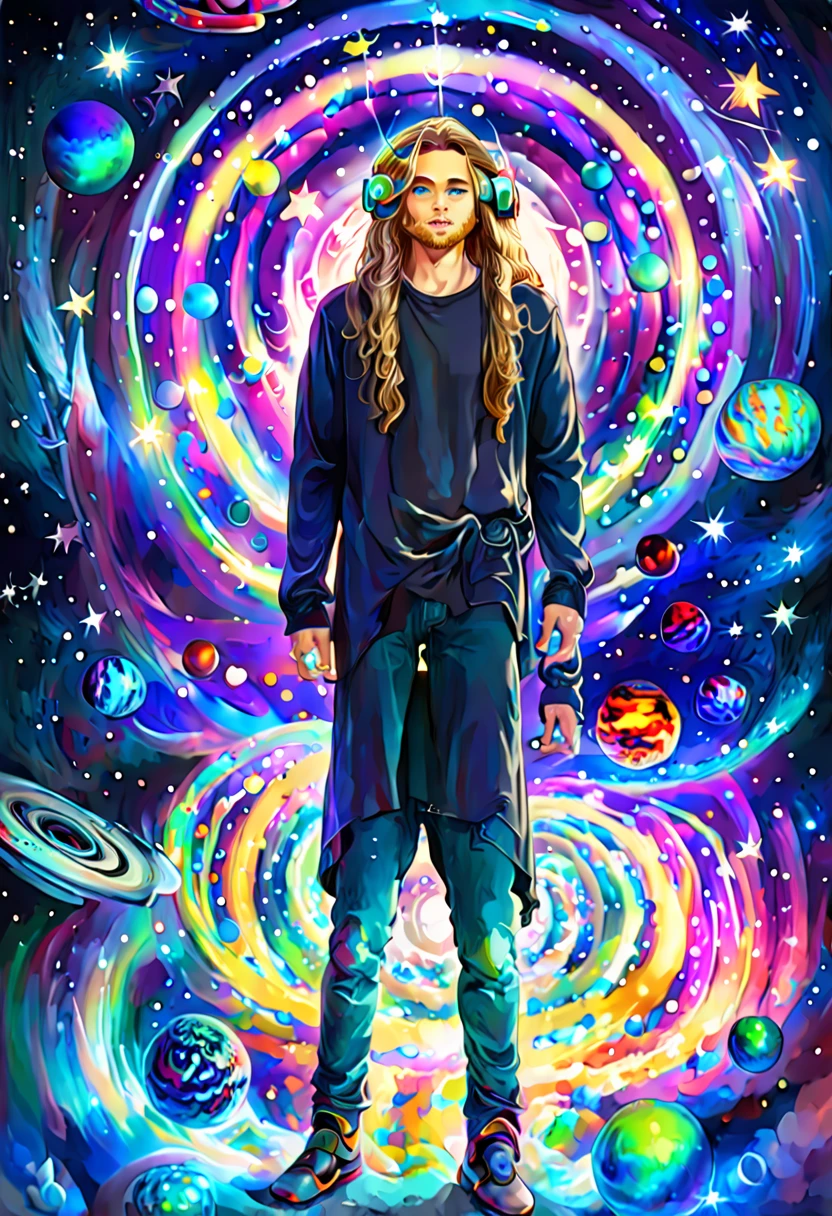 Light-skinned young full body man, with light blue eyes and long hair, wearing modern clothes. He has a halo with unusual shapes above his head and is floating in space. In the background there are bright stars, spiral galaxies and several planets of different sizes and colors.