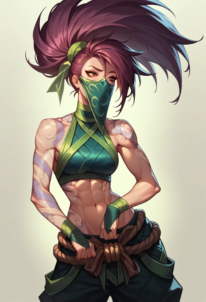 Akali league of legends,  athletic body, her hair is long and black, always tied up in a high ponytail, without mask, ultra realisitic, tattoo on arm, beautiful  face 
