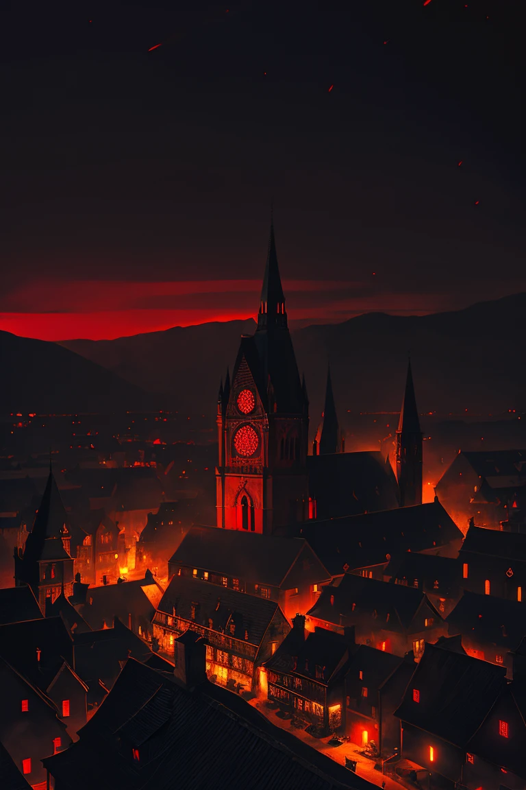 old European village shot with bird view, (Red glowing eyes), masterpiece, Depth of written boundary, Lutz, Gwaites style artwork, Gothic aesthetics, Dark Vampire village, ((in the dark gothic style cathle:1)), ((dark mid-night time:1.5)),