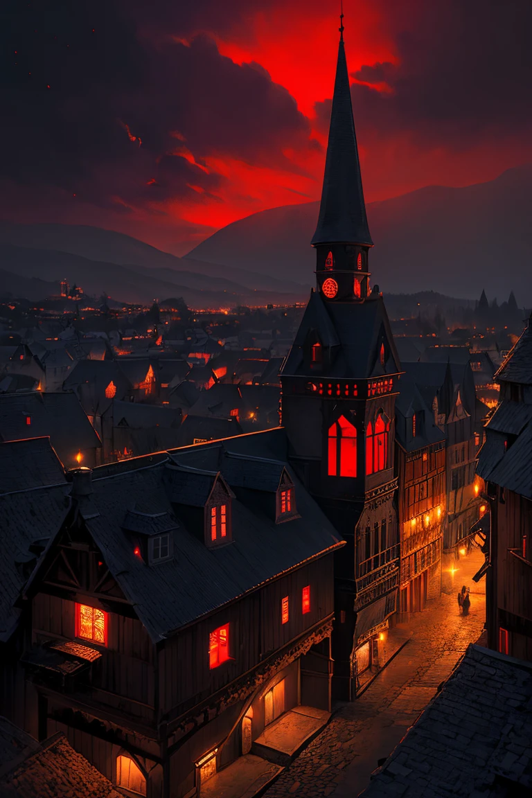 old European village shot with bird view, (Red glowing eyes), masterpiece, Depth of written boundary, Lutz, Gwaites style artwork, Gothic aesthetics, Dark Vampire village, ((in the dark gothic style cathle:1)), ((dark mid-night time:1.5)),