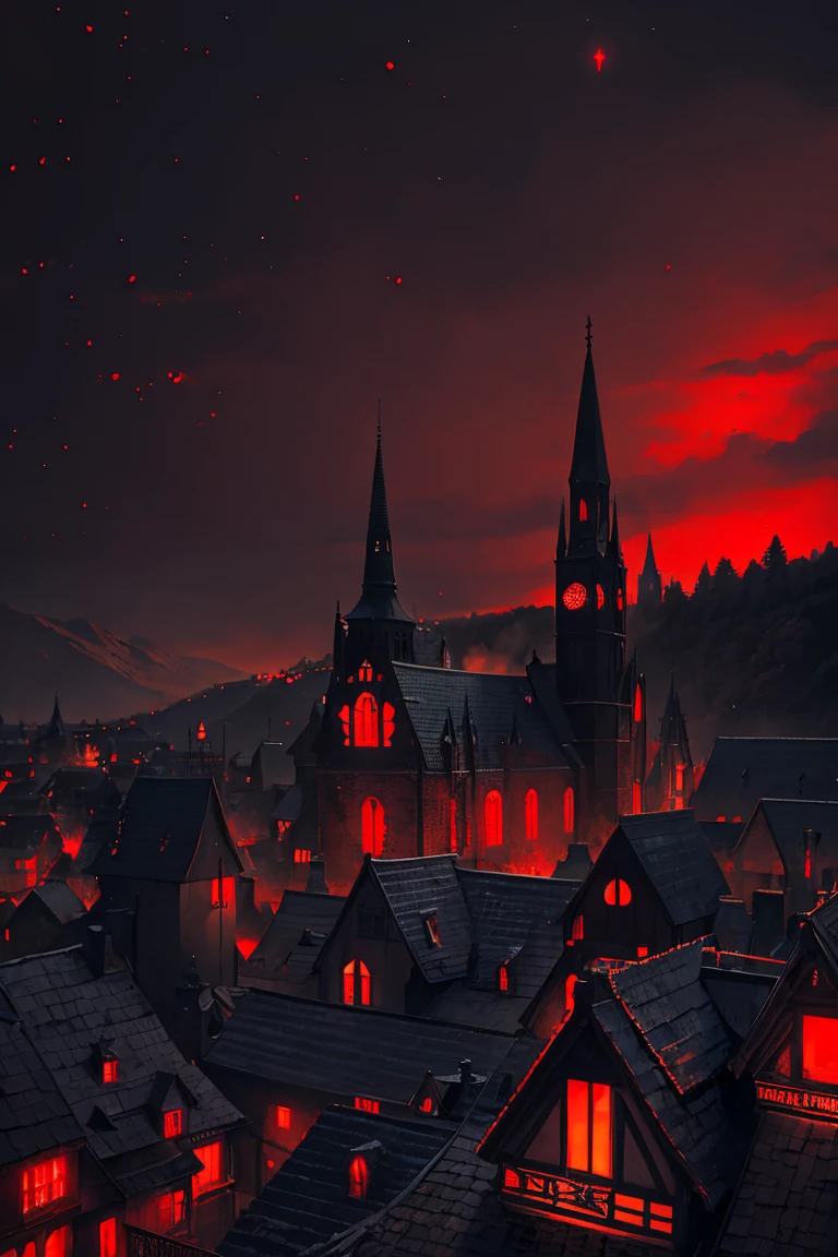 old European village shot with bird view, (Red glowing eyes), masterpiece, Depth of written boundary, Lutz, Gwaites style artwork, Gothic aesthetics, Dark Vampire village, ((in the dark gothic style cathle:1)), ((dark mid-night time:1.5)),