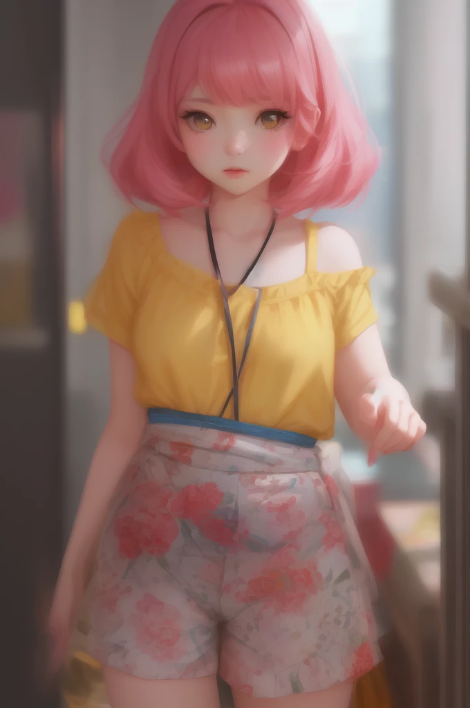 1girl, close-up, ilya kuvshinov illustration of a cute young girl with pink hair and bangs in her hair wearing a yellow low cut blouse and blue short shorts, by makoto shinkai, ilya kuvshinov, james gilleard, atey ghailan, lois van baarle, rossdraws, basquiat, sam yang. trending on artstation, pixiv, digital art, anime masterpiece, dynamic lighting, beautiful aesthetic, 4k, award winning, hd, (masterpiece, best quality, absurdres, detailed, ultra-detailed:1.3), 