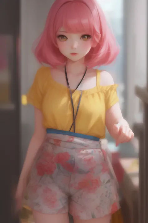 1girl, close-up, ilya kuvshinov illustration of a cute young girl with pink hair and bangs in her hair wearing a yellow low cut ...