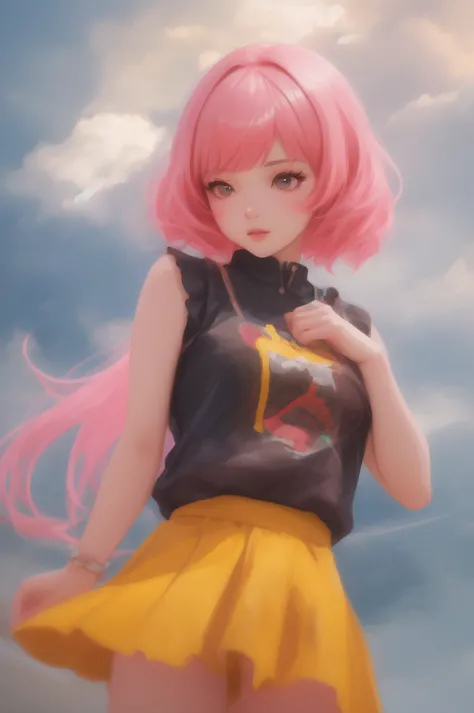 1girl, close-up, ilya kuvshinov illustration of a cute young girl with pink hair and bangs in her hair wearing a yellow low cut ...