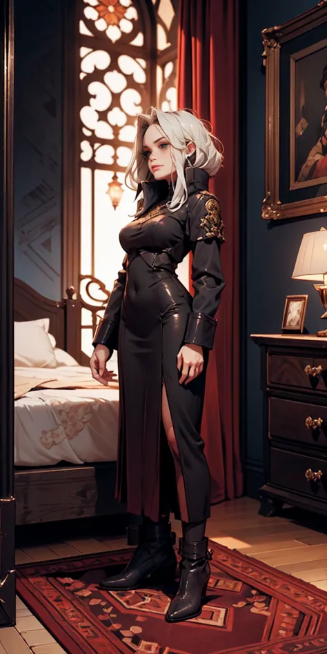 Setting: Royal bedroom - Grand, opulent, with rich fabrics and tapestries Character: Appearance: White hair - Short, styled in a...