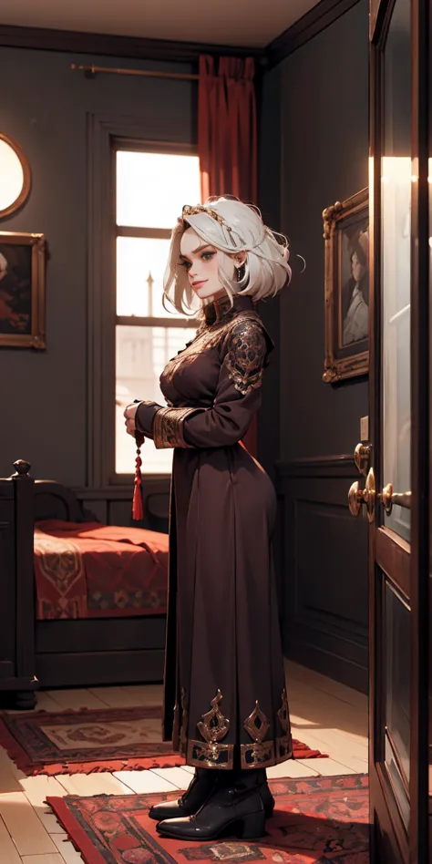 setting: royal bedroom - grand, opulent, with rich fabrics and tapestries character: appearance: white hair - short, styled in a...