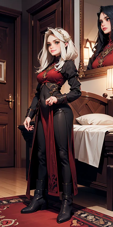 Setting: Royal bedroom - Grand, opulent, with rich fabrics and tapestries Character: Appearance: White hair - Short, styled in a...