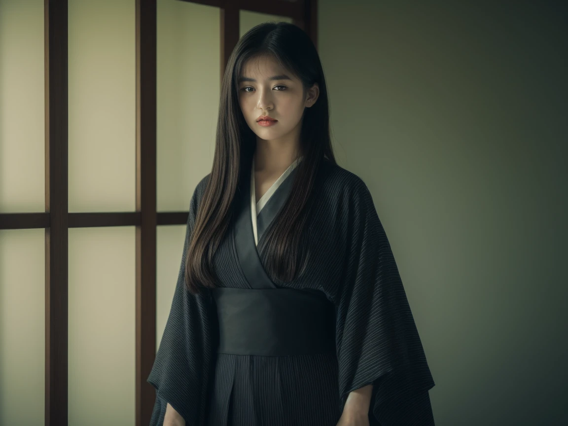 ((Highest quality, 8K, masterpiece :1.3)), Image of a Geisha. One girl. Like the hair of a Japanese geisha, Long black hair:1.3. Beautiful geisha in kimono, (Black kimono)., Atmospheric perspective, Volumetric lighting, Clear focus, An absurd solution, Realisticな比率, Excellent anatomy, (Realistic,Hyper-Realistic:1.37), 16k HD, information.  ((Ultra Wide Angle))