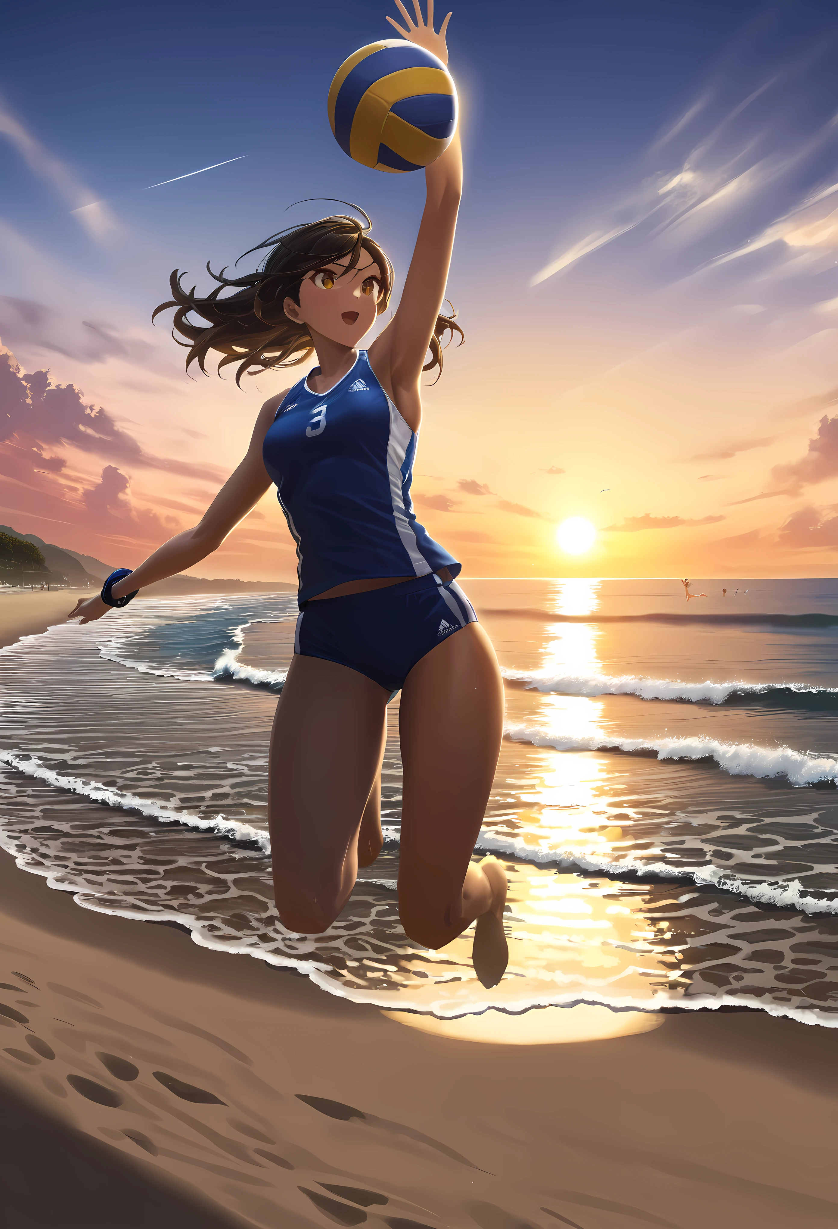 beautiful female athlete, athletic sportswoman, beach volleyball player, beach volleyball game, beach volleyball net, jumping to spike the ball, detailed facial features, beautiful eyes, detailed skin texture, muscular athletic body, dynamic jumping pose, beach setting, ocean waves, sandy beach, sunset lighting, realistic illustration style, detailed textures, vibrant colors, photorealistic, cinematic lighting, dramatic action scene, best quality | Rendered in ultra-high definition with UHD and retina quality, this masterpiece ensures anatomical correctness and textured skin with super detail. With a focus on high quality and accuracy, this award-winning portrayal captures every nuance in stunning 16k resolution, immersing viewers in its lifelike depiction. | ((perfect_composition, perfect_design, perfect_layout, perfect_detail, ultra_detailed)), ((enhance_all, fix_everything)), More Detail, Enhance.