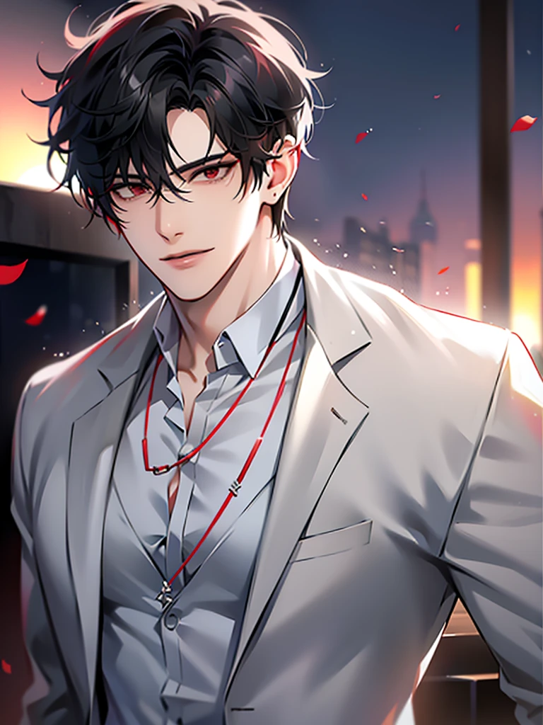 (masterpiece, 4k, high quality:1.3), 1boy, solo, short hair, black hair, asymmetrical fringe, red eyes, handsome,sharp eyes, (mature male, mature:1.2), male focus, fashionable, open pattern collared shirt, light brown chino pants, red and gray cardigan, thin rim big circle glasses, necklace, sunset, evening, close up, smile, smart