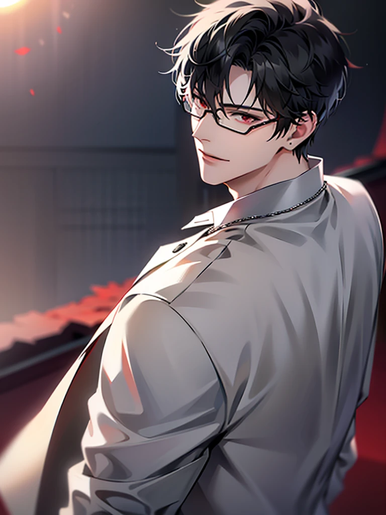 (masterpiece, 4k, high quality:1.3), 1boy, solo, short hair, black hair, asymmetrical fringe, red eyes, handsome,sharp eyes, (mature male, mature:1.2), male focus, fashionable, open pattern collared shirt, light brown chino pants, red and gray cardigan, thin rim big circle glasses, necklace, sunset, evening, close up, smile, smart