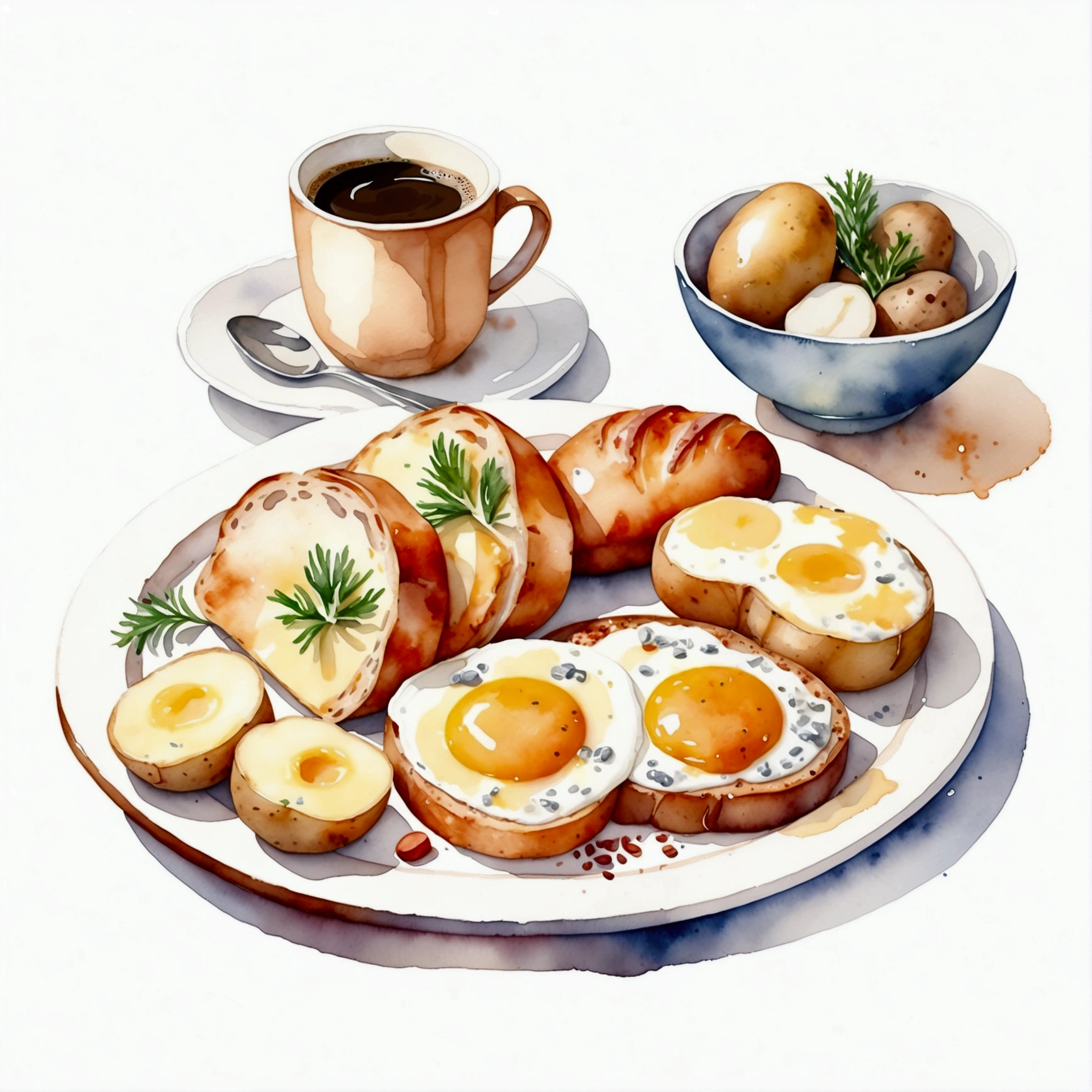 a very clean image painting of a full english breakfast menu, full dining set, three slices of potatoes, ((watercolor)), solid white background, center composition, negative space around the object, washed out color, detailed masterpiece, loose drawing, clipart, vector art, illustration, a cup of (coffee)