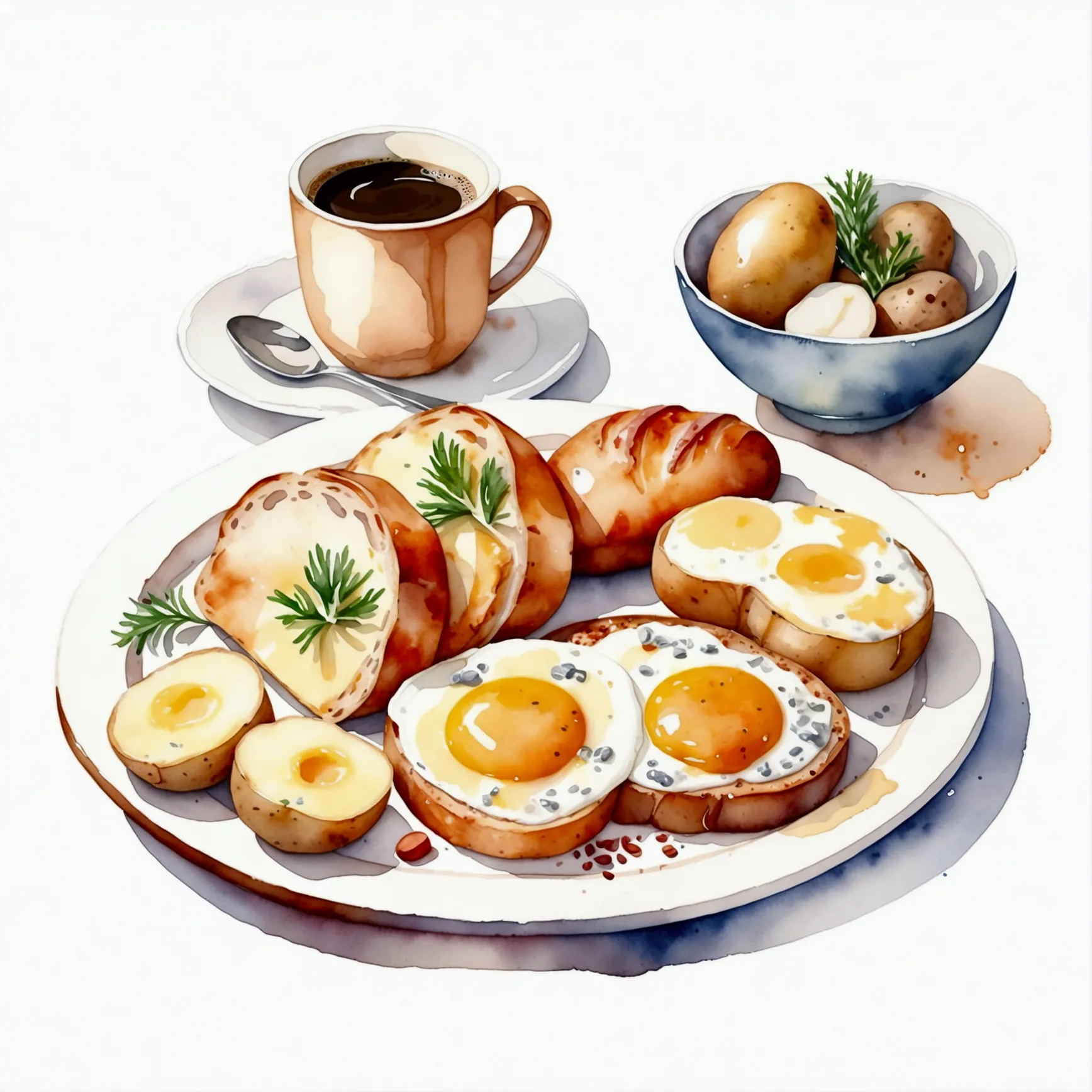 a very clean image painting of a full english breakfast menu, full dining set, three slices of potatoes, ((watercolor)), solid w...