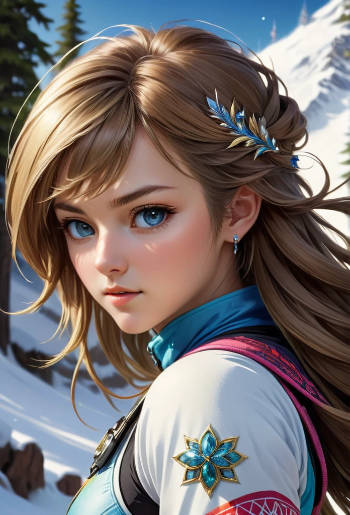 8K resolution, masterpiece, Highest quality, Award-winning works, unrealistic, Final Fantasy, Royal Jewel,Photorealistic by Midjourney and Greg Rutkowski, , elegant, Very detailed, Delicate depiction of hair, Miniature Painting, Digital Painting, Art Station, Concept Art, Smooth, Sharp focus, , nature, Clear shadows, , 22-year-old woman, , Height: 170cm, Large, firm, swaying bust, Ski resort, Snow Mountain, Female Snowboarder,Olympian snowboarder, Snowboard Giant Slalom, Ski resort, slalom, Flashy snowboarder&#39;s clothing, Complex construction, Snowboarding, Snowboard down a steep slope, Glide, erotic, One sexy woman, healthy shaped body,, 