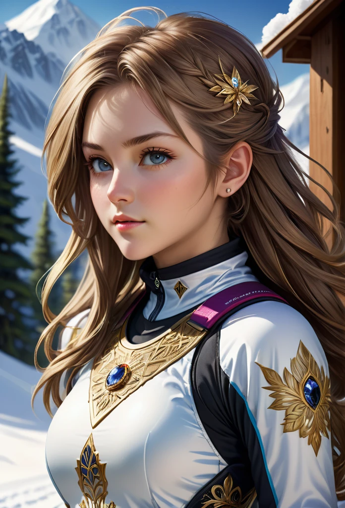 8K resolution, masterpiece, Highest quality, Award-winning works, unrealistic, Final Fantasy, Royal Jewel,Photorealistic by Midjourney and Greg Rutkowski, , elegant, Very detailed, Delicate depiction of hair, Miniature Painting, Digital Painting, Art Station, Concept Art, Smooth, Sharp focus, , nature, Clear shadows, , 22-year-old woman, , Height: 170cm, Large, firm, swaying bust, Ski resort, Snow Mountain, Female Snowboarder,Olympian snowboarder, Snowboard Giant Slalom, Ski resort, slalom, Flashy snowboarder&#39;s clothing, Complex construction, Snowboarding, Snowboard down a steep slope, Glide, erotic, One sexy woman, healthy shaped body,, 