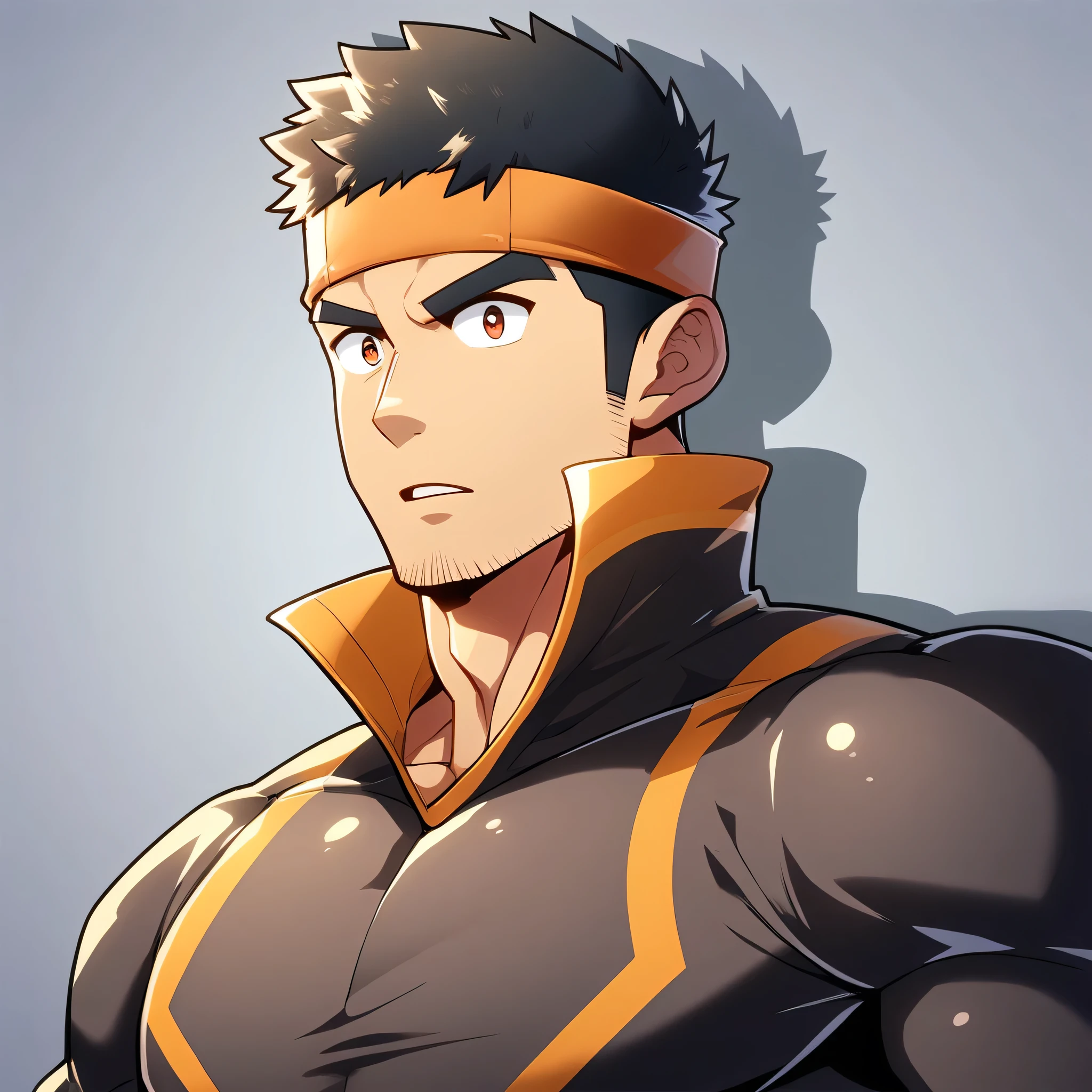 personagens de anime：Gyee, Estudante de esportes musculares, masculinidade, bandana esportiva, foco masculino, Garoto bonito com olhos grandes, T-shirt justa castanha de gola alta e manga comprida, Ligeiramente transparente material, Muito apertado, redondo, músculos do peito cheios e alegres, Ligeiramente transparente, macho musculoso, muscular, apenas, tronco, sozinho, cabelo curto preto, sobrancelhas espessas, restolho, Olhinhos fofos, Pupilas marrom-avermelhadas, fundo cinza, fundo simples, qualidade incrível, melhor estética, ridículo, corte à escovinha, lábios entreabertos, sobrancelhas em formato de V, jitome, sombra projetada, melhor qualidade