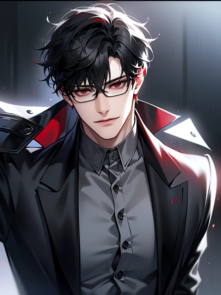 (masterpiece, 4k, high quality:1.3), 1boy, solo, short hair, black hair, asymmetrical fringe, red eyes, handsome,sharp eyes, (mature male, mature:1.2), male focus,black god, pattern collared,black god pants, red and gray cardigan, thin rim big circle glasses,Outer god,universe, close up, smile, smart