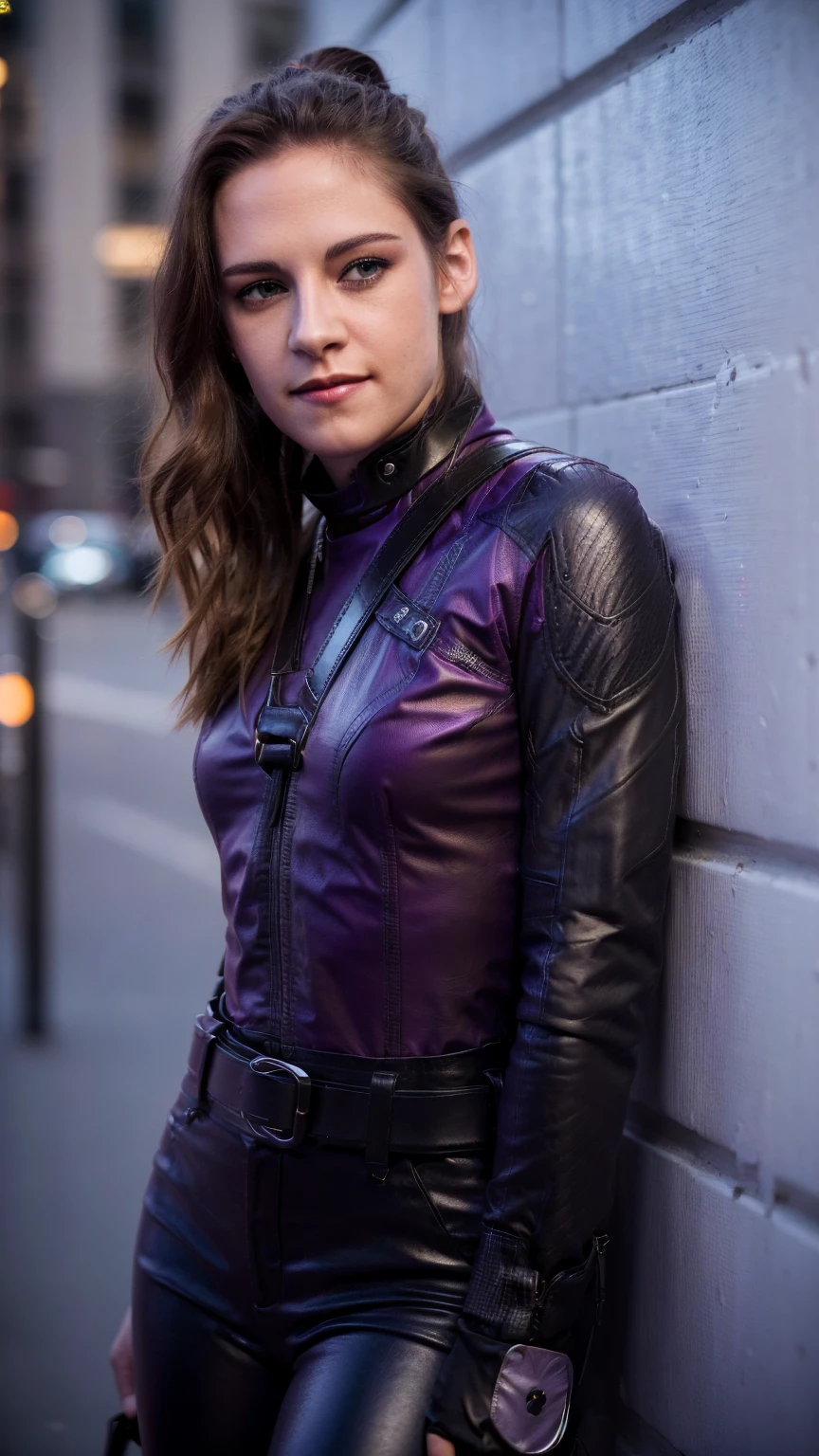 (masterpiece), (photorealistic1.4), (epiCRealLife), (lora:KateBishopFNLoRA:1.0 ribbed bodysuit costume), (KateBishopFNLoRA black leather pants), (KateBishopFNLoRA utilities belt), (leg holster) (KateBishopFNLoRA black gloves), (Kate Bishop Purple Costume),, (epiCFlashPhoto), (harness), (ponytail), (young woman), ,(flashphoto), (flash photography), (make up) ,(kst3w-v2 ), (Kristen Stewart), (Kristen Stewart light smile), (outdoor), (New York City Street), (neon lights), (squat against wall), (from side), pose for pictures, 