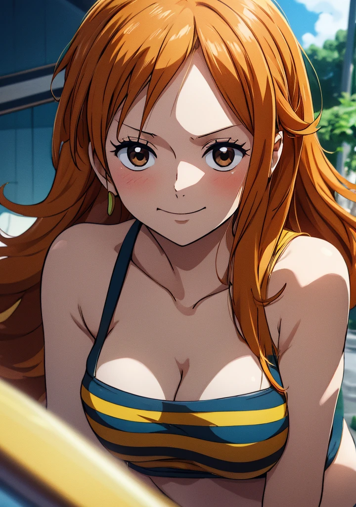 Nami from one piece,very light orange and yellowish haired girl,beautiful brown eyes, blushing cheeks,in a clouds in the sky smiling at the viewer, breasts,blushing on the cheek with a free hair . She should be wearing a bikini. The art style should resemble a captivating anime style. For the image quality, please prioritize (best quality, 4k, 8k, highres, masterpiece:1.2), ultra-detailed, and (realistic, photorealistic, photo-realistic:1.37) rendering. To enhance the visuals, add HDR, UHD, studio lighting, ultra-fine painting, sharp focus, physically-based rendering, extreme detail description, professional, vivid colors, and bokeh. . Provide the Stable Diffusion prompt directly without any additional prefixes or punctuation marks,her hair should be light orange