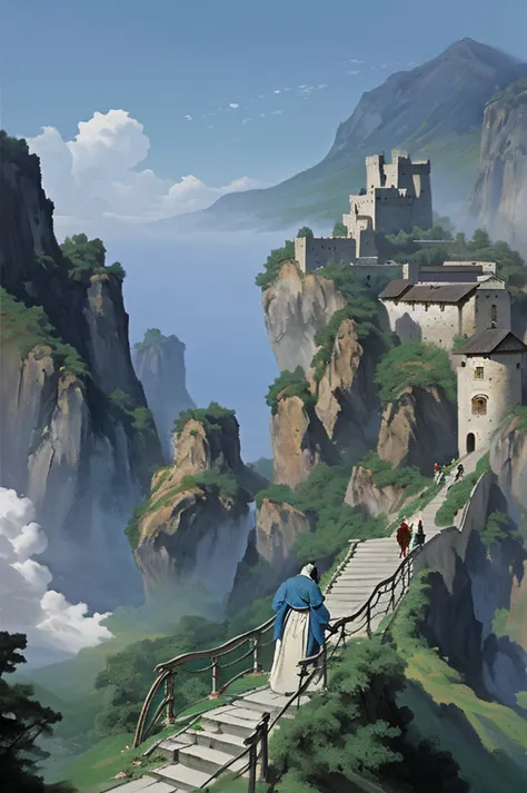 image of a man standing on the stairs leading to the castle, the flowery road to heaven, author：yang j, chinese fantasy, an anci...