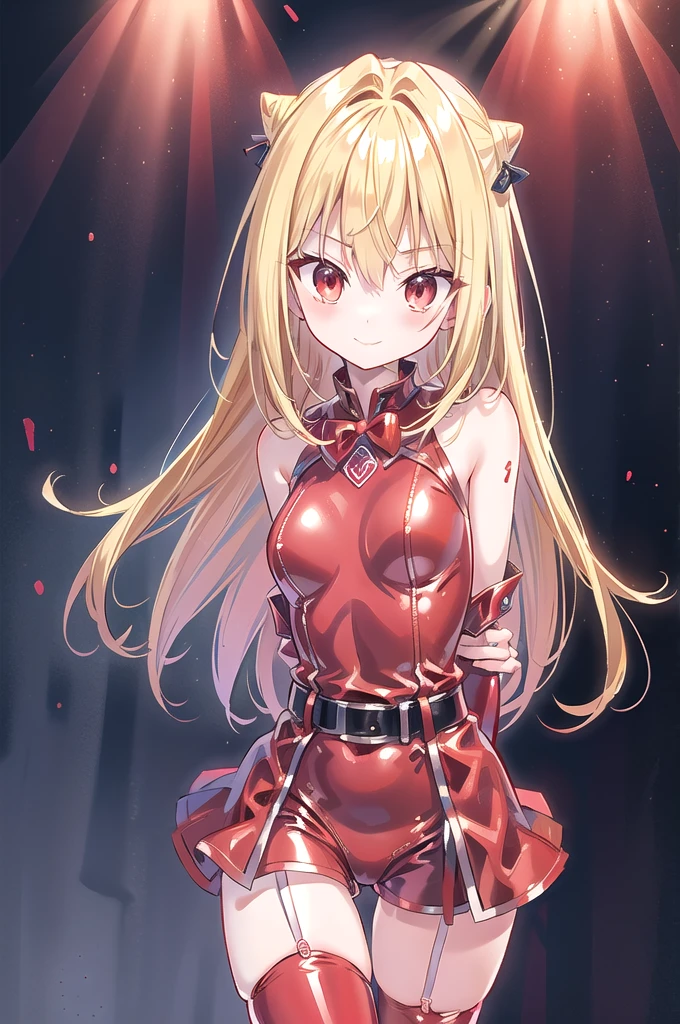 1girl,solo,cowboy shot,standing,(blonde hair:1.2),long hair,cone hair bun,hair ornament,hair intakes, ahoge, bangs,(red eyes:1.2),(beautiful fingers:1.4),(perfect anatomy:1.4),(arms_behind_back:1.6),(cold_shoulder:1.2),BREAK,(red leotard:1.4),(red jacket),(leather lace glossy silk lamé:1.4),(latex luster shiny glossy:1.6),(shiny_clothes:1.6),medium breasts,beautiful breasts,masterpiece,best quality,(Ultra high definition eyes:1.2),8k,(Beautiful detailed eyes:1.2),(Fine and beautiful eyes:1.2),(pretty eyes:1.2),finely detail,extremely CG, absurdres,high resolution,illustration,Detailed and beautiful outlines,finely detail,high resolution,(colorful refraction:1.4,Increase saturation:1.2),beautiful lighting,dynamic lighting,closed room,black background,simple background, smile,looking at viewer,BREAK, blue bowtie, red coat, long sleeves, belt, garter straps,(red thighhighs:1.4)