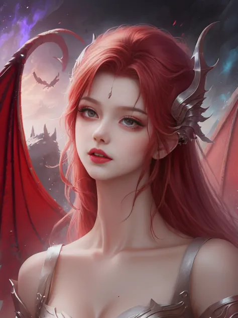 Anime girl with red hair and wings, 
dragon girl, Dragon Queen, queen of dragons, dragon girl Portrait, by ヤン・J, beautiful succu...